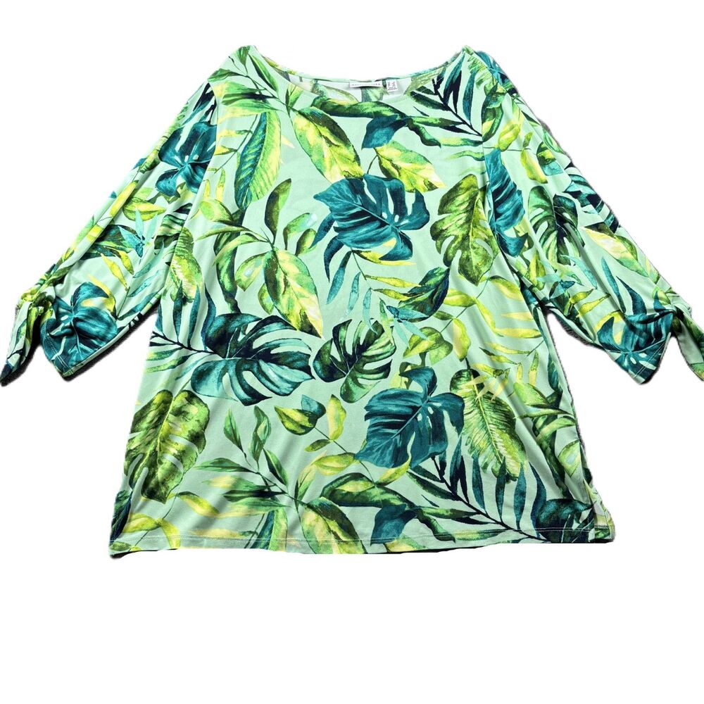 Susan Graver Women Liquid Knit Top Blouse 3/4 Tie Sleeve Tropical Green 1X Q210